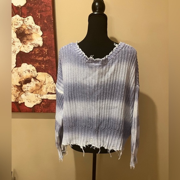 White Crow Periwinkle Raw Edge Fade Ombré Stripe Sweater, size Large - Picture 2 of 6